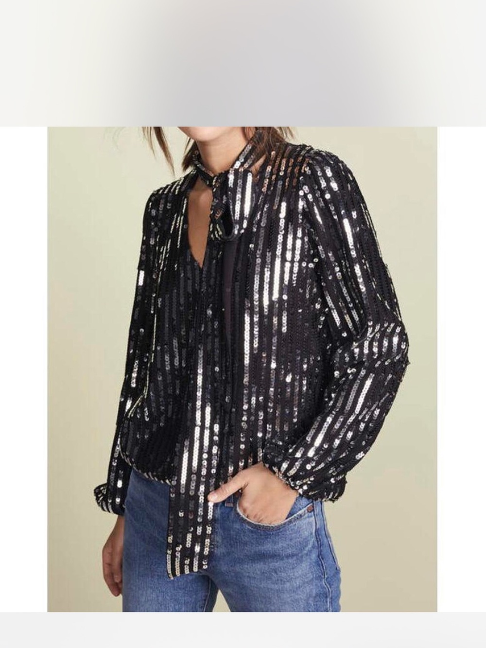 RIXO Sequin Stripe Tie Neck Blouse Black Silver Holiday Party S